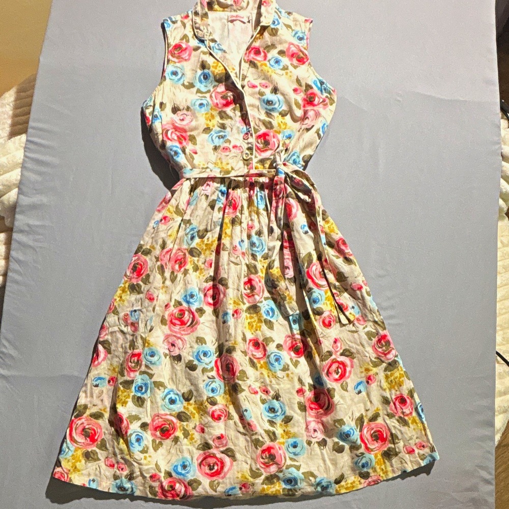 Cath Kidston Floral Rose Print Sleeveless Button Front Belted Midi Dress Size 6